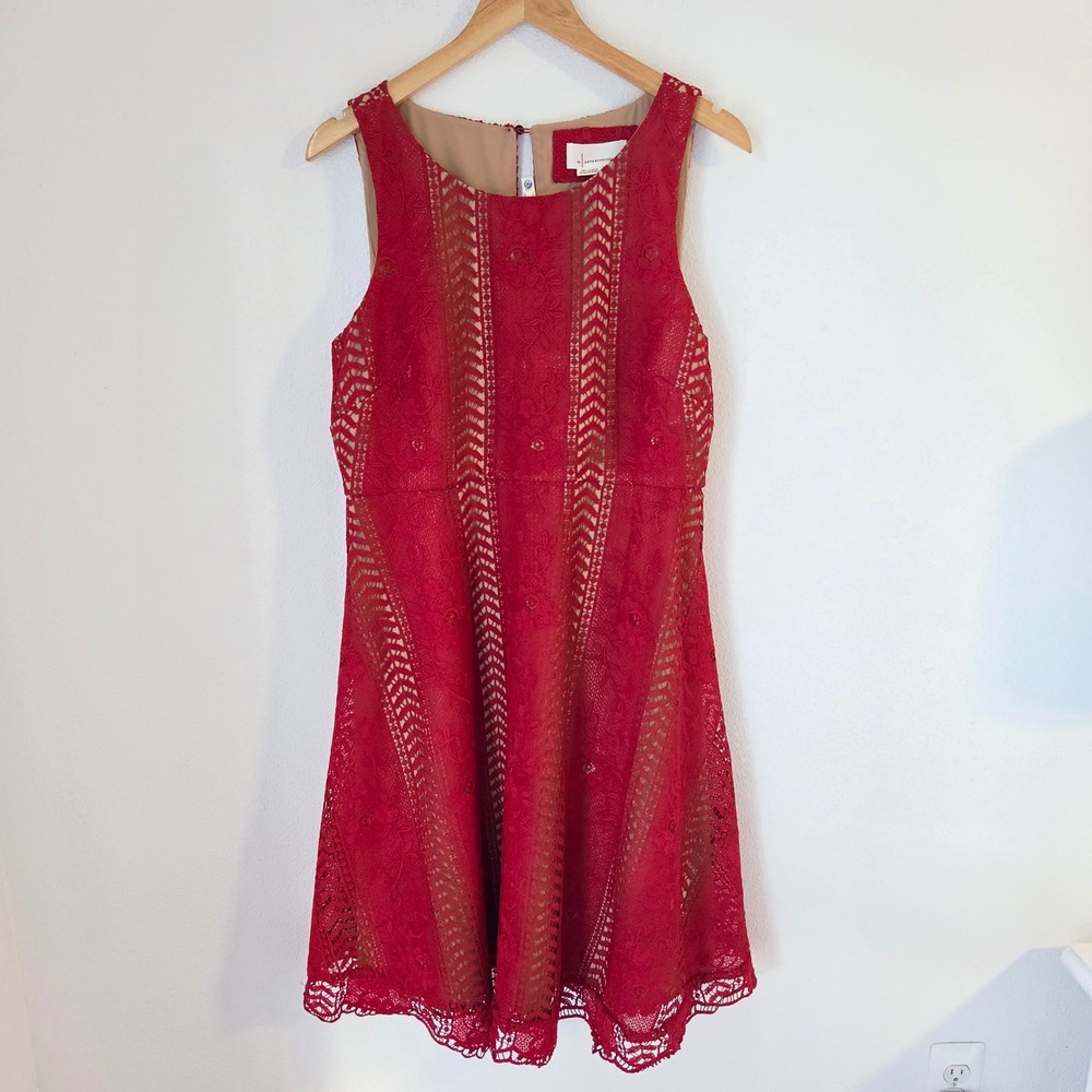 Anthropologie Red Floral Lace Fit and Flare Dress Sleeveless Size 12